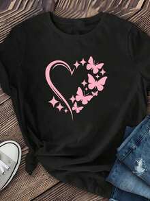 1 Women's Pink Short Sleeve T-Shirt With "Artistic Heart And Butterfly" Print, Made Of Soft And Breathable Polyester Fiber, Medium Elasticity, Machine Washable, Casual Short Sleeve T-Shirt With Round Neck And Print For Women, Modern Style, Short Sleeve Top, New 2026 Model, 180g 100% Cotton - 黑色 - 查看 3
