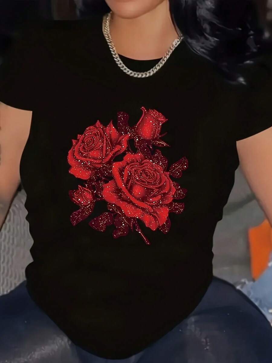 Camiseta Casual para Mujer - Camiseta de Verano con Diseño de Rosa Roja, Cuello Redondo Lavable a Máquina, Ropa Casual, Tejido de Elasticidad Media - Negro - Ver 1