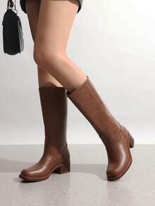 Women's Mid Calf Riding Boots Square Toe Retro Banana Boots Chunky Block Heel Pull-On Fashion Boots - Brown - View 4