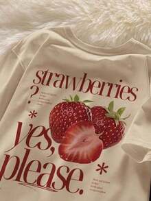 Camiseta de manga corta para mujer con estampado de fresas, estilo retro americano con temática de frutas, top casual de corte holgado, adelgazante, cómodo y transpirable, estilo relajado para chicas dulces en vacaciones. Camiseta para mujer, perfecta para el día a día, salidas de verano, reuniones de chicas, vacaciones en la playa, festivales de música, conjuntos de verano - Ligera y transpirable. - Blanco - Ver 1