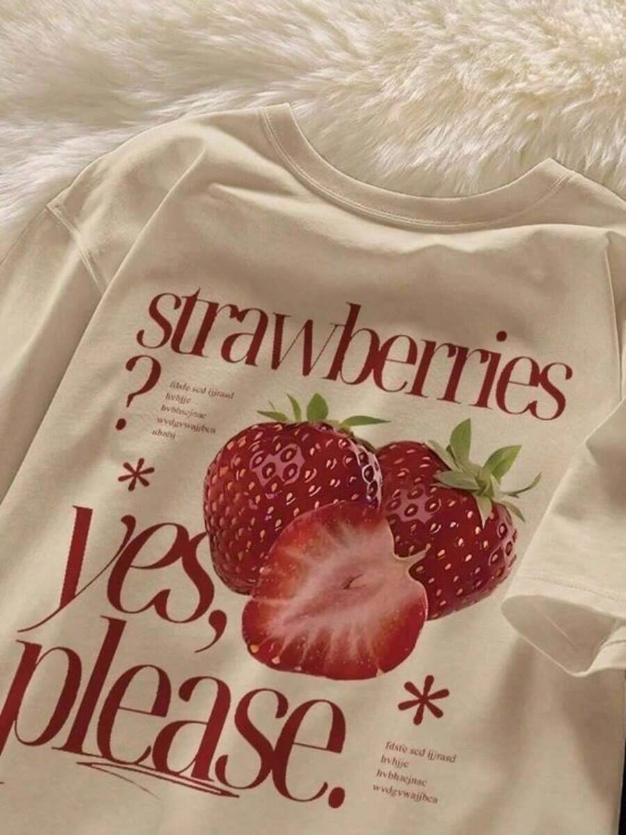 Camiseta de manga corta para mujer con estampado de fresas, estilo retro americano con temática de frutas, top casual de corte holgado, adelgazante, cómodo y transpirable, estilo relajado para chicas dulces en vacaciones. Camiseta para mujer, perfecta para el día a día, salidas de verano, reuniones de chicas, vacaciones en la playa, festivales de música, conjuntos de verano - Ligera y transpirable. - Blanco - Ver 1