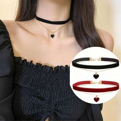 1/2 chiếc vòng cổ choker nhung kiểu retro dành cho nữ với mặt dây chuyền hình trái tim, vòng cổ thời trang.