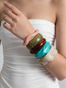 1-6 Piece New Ladies' Jewelry Bracelet Set, Featuring Marble-Colored Bracelets In Wave-Shaped Cherry Blossom Pink, Khaki, And Olive Green. Made From High-Quality Resin Material, Suitable For Daily Wear, Parties, And Vacations. It Can Also Be A Gift For Mom, Friends, And Family. - Multicolor - View 3