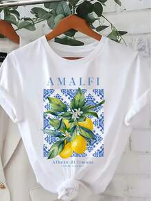 Women's T-Shirt With Mediterranean Tile Print In Lemon And Navy Tones - Casual Short-Sleeved Round Neck Top Inspired By Amalfi, Breathable Summer Shirt, Lemon Branch And Green Leaf Design, Machine Washable, Italian Holiday Style, 180g 100% Cotton. - 白色 - 查看 5