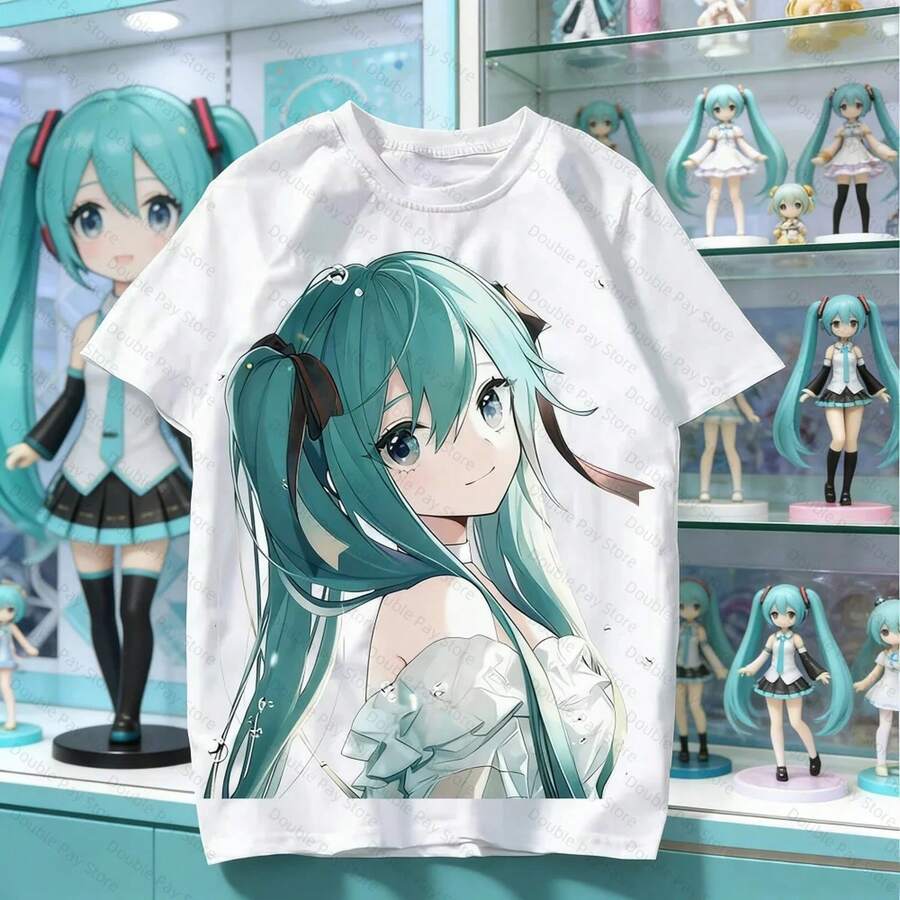 H1atsune M1iku TwodiM1ensional Animation Cartoon Cute Summer Shortsved Male and Female Couple Pain Woman Clothes M1en Shirts 220G puro algodón manga corta top para hombres y mujeres, tejido grueso, resistente a las arrugas y no se deforma fácilmente. Estilo simple y versátil, ligero y transpirable, perfecto para ir al trabajo, viajar, acampar, ir de compras y el tiempo libre diario. - Blanco - Ver 1