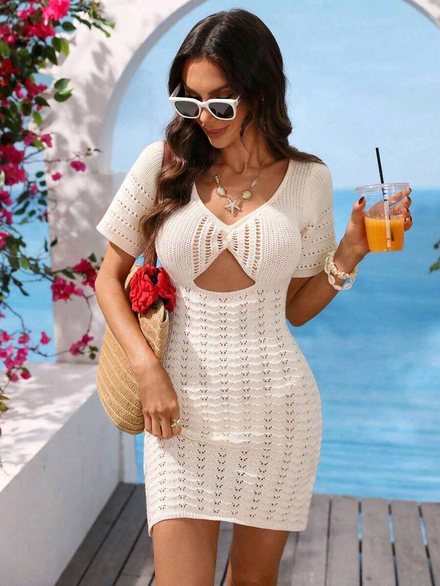 Vestido de punto de uso diario y de vacaciones con diseño hueco de unicolor para mujer - Albaricoque - Ver 1
