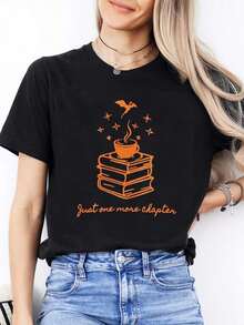 1 Piece Of  Women's Casual Crew Neck T-Shirt, Ideal For Valentine's Day. | Book And Coffee Patterns, Artistic Reading Theme, Crew Neck, Short Sleeves, Slightly Stretchy Fabric, Suitable For All Seasons, 180g 100% Cotton - 黑色 - 查看 7