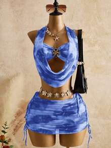 Women's Spring And Summer Beachwear Set, Featuring A Printed Mesh Tank Top With A Deep Neckline And Gold Flower Embellishment, And A Fitted Bodysuit Skirt. Earth-Toned Dress, Scarf, And Slip Dress Set For Vacation. - 彩色 - 查看 1