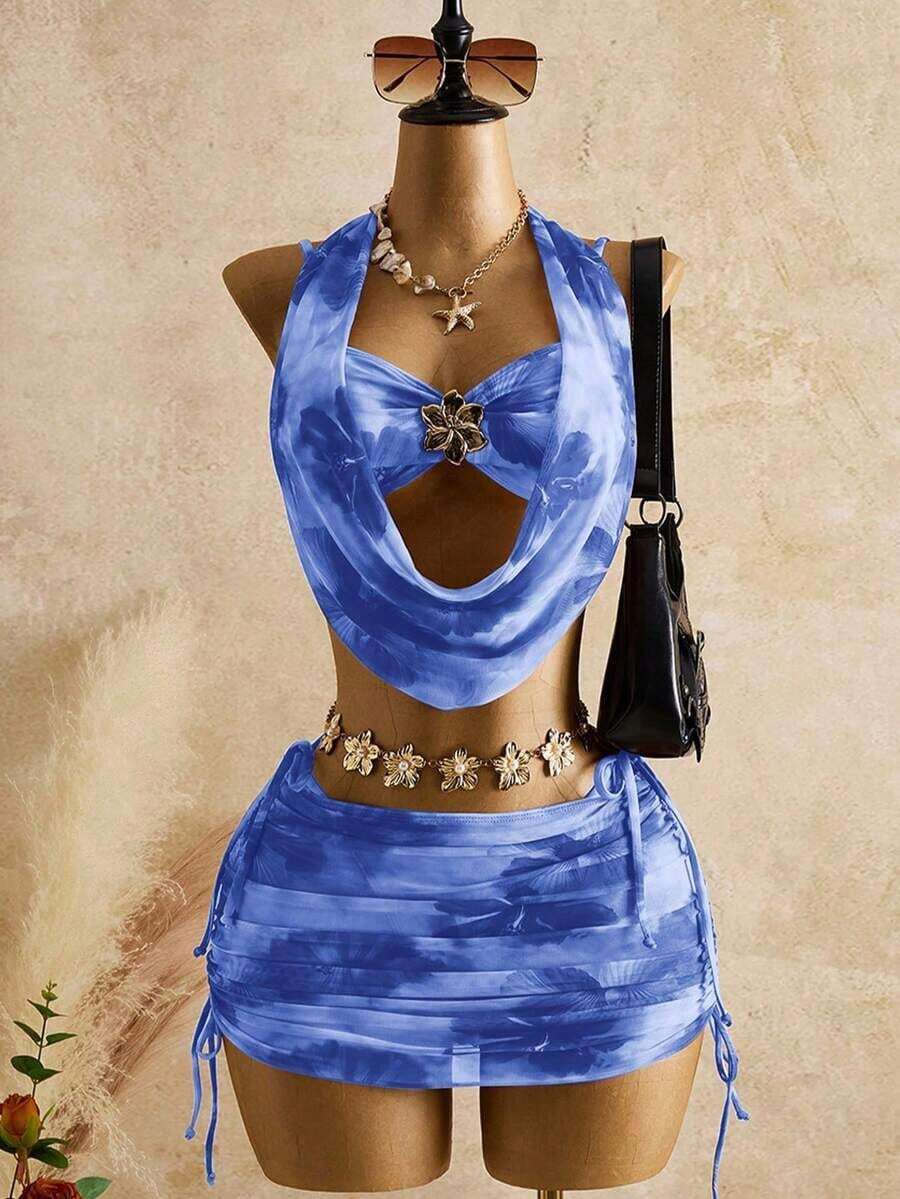 Women's Spring And Summer Beachwear Set, Featuring A Printed Mesh Tank Top With A Deep Neckline And Gold Flower Embellishment, And A Fitted Bodysuit Skirt. Earth-Toned Dress, Scarf, And Slip Dress Set For Vacation. - 彩色 - 查看 1