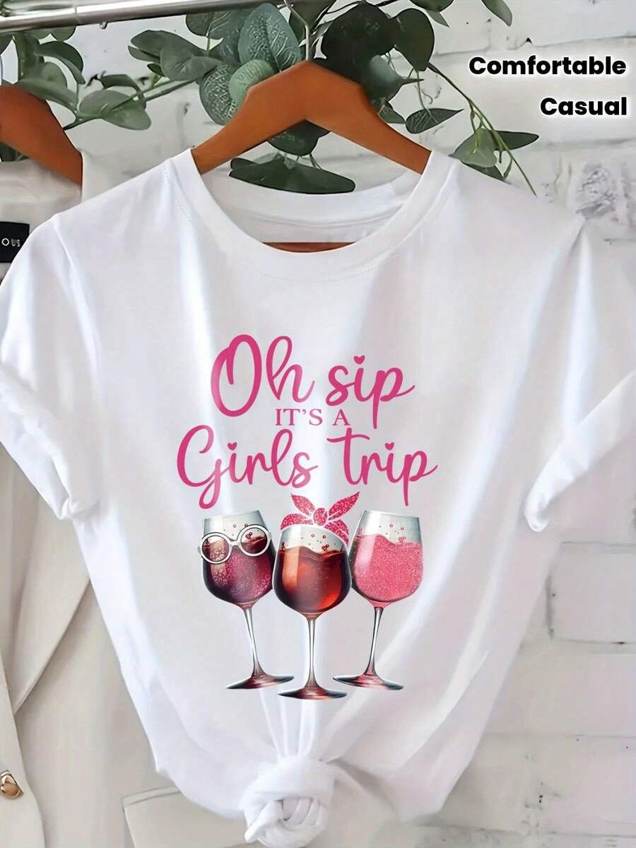 Women's Casual Short-Sleeve T-Shirt With The Slogan "Oh Sip It's A Trip" - Soft Crew Neck Design, Suitable For All Seasons, Perfect For Everyday Casual Wear, Machine Washable, Ideal For Layering At Home And While Traveling, Comfortable Fit - 白色的 - 查看 1