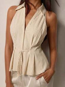 Blusa elegante sin mangas con cintura anudada para mujer, versátil para ir al trabajo, la oficina y salidas casuales, ajuste regular, estilos a rayas y lisos, blusas casuales de negocios para mujer, últimas novedades en blusas para mujer - Caqui - Ver 5