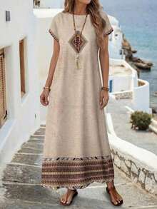 YHHEMERY ROSE Vestido largo de mujer estilo bohemio con estampado, cuello redondo, manga corta tipo murciélago, bajo acampanado, informal y multicolorYHH - Verde - Ver 11