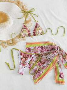 Conjunto de Bikini para Mujer Onefish 2026, Elegante Conjunto de Bikini Sexy con Estampado Floral y Tiras Halter, Ropa de Resort para Mujer, Traje de Baño para Mujer, Verano, Conjunto de Verano para Mujer, Bikini de Playa para Mujer Verano 2026, Ropa de Verano para Vacaciones - Rosa Fucsia - Ver 11
