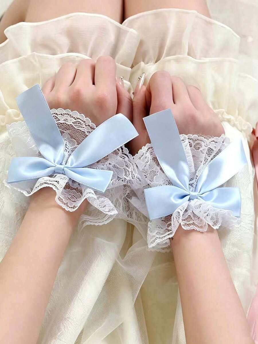 1 双梦幻丝袜甜美蕾丝蝴蝶结臂套，洛丽塔缎面腕套，少女风花卉蕾丝腕带拍照道具