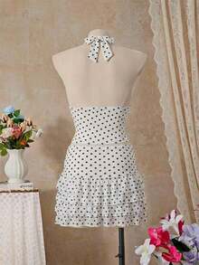 Women's Sexy Polka Dot Print Tie-Neck Tankini Swimsuit With Open Back, Suitable For The Beach And Vacation - 黑白 - 查看 2