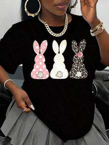 Tops de Verano 2026, Camiseta de Conejo de Pascua con lunares rosados, purpurina blanca y diseño de conejo con estampado de leopardo para mujer, top casual de moda para vacaciones de primavera, ropa de verano de Pascua, camisetas gráficas occidentales, ropa para hombre, camisetas gráficas, ropa de mujer, tops de verano, ropa de verano, camisetas gráficas. - Negro - Ver 6