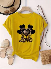 A Combination Of Wildness And Tenderness, This Black Heart-Shaped Balloon Pattern Print With Leopard Print Is Fashionable And Stylish. This Simple, Casual, Round-Neck, Short-Sleeved Women's T-Shirt Is Suitable For Activities Such As Leisure, Tourism, And Vacations. 13419 - Daily Wear, Easy To Wash And Maintain - 黃色 - 查看 4