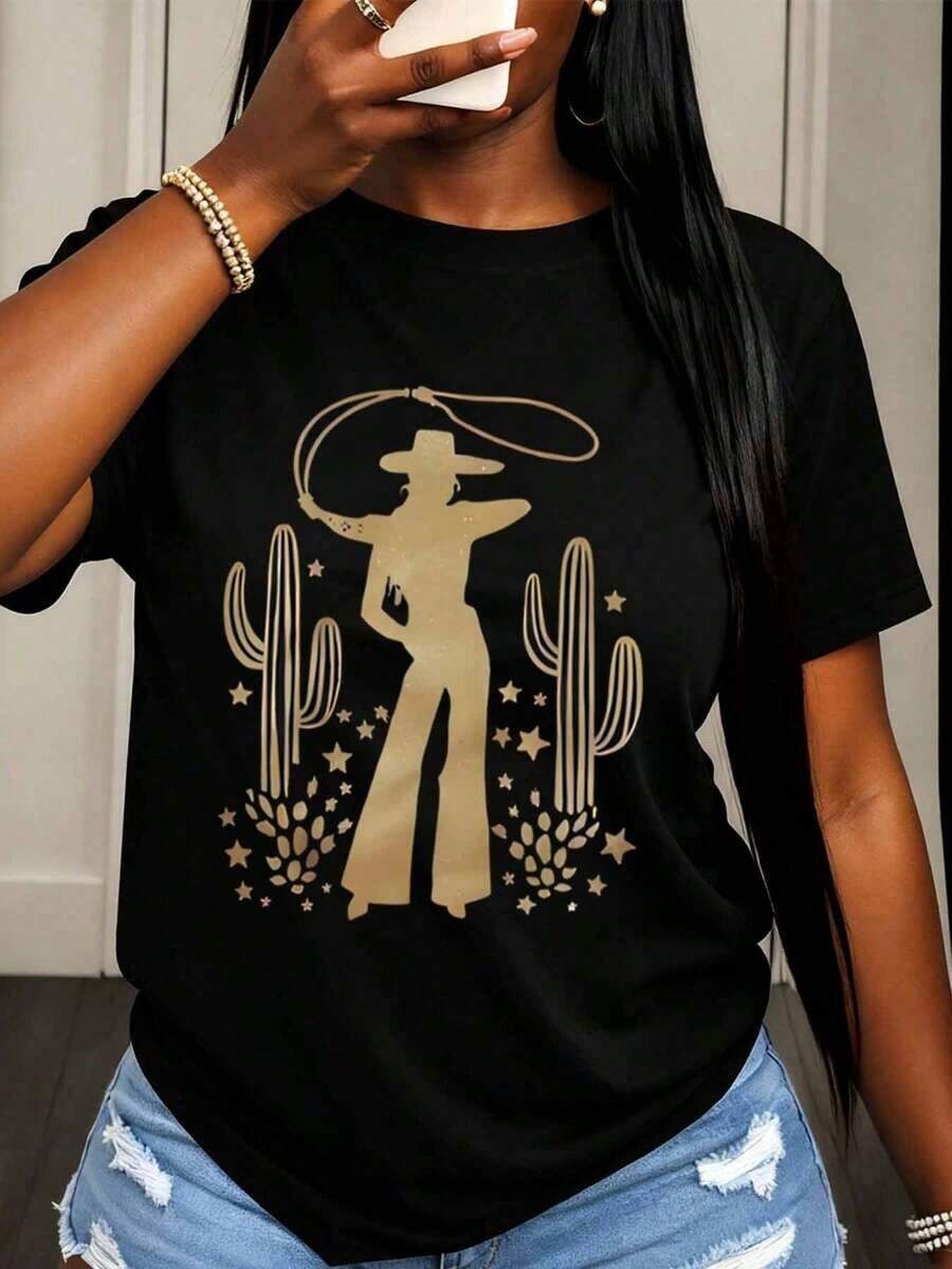 ropa de mujer Camiseta de manga corta para mujer con estampado de cactus, estrellas y lazo, estilo vaquero occidental, informal para uso diario, camisas de mujer - Negro - Ver 1