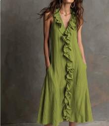 Women's Cotton And Linen Swing Dress, Sleeveless, V-Neck, Solid Color, Ruffled Trim, Spring-Summer - Hijau Tentara - View 2