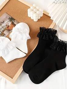 2/4 đôi tất viền ren mới, tất ren quá gối, tất điên, tất hài hước, tất nữ, tất bắp chân màu trơn phong cách Lolita Nhật Bản, tất ngọt ngào thường ngày đen trắng, phù hợp mặc hàng ngày và đi chơi, dùng cho mọi mùa - Nhiều màu - Xem 2