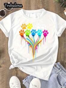 Plus Size T-Shirt With Round Neck, 100% Colorful With Rainbow Paw Print, Casual And Fashionable Style, Ideal For Pet Lovers, Suitable For Women's Clothing In Spring And Summer, Mother's Day/Memorial Day/June 16th Day, Sizes 0XL-4XL. - 2件套裝款式2 - 查看 10