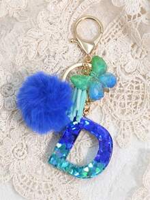 1pc Blue Heart Letter Keychain With Butterfly & Flower Decor, Women Bag Charm, Gift Keyring With Pom Pom - Royal Blue - View 9
