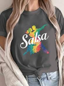 Camiseta Gráfica de Salsa para Mujer - Estampado Geométrico Vibrante, Manga Corta, Cuello Redondo, Camiseta Casual de Elasticidad Media para Verano y Primavera, Lavable a Máquina, Ropa para Entusiastas del Baile, Camiseta con Motivo de Baile, Camiseta de Ajuste Cómodo - Gris Oscuro - Ver 6