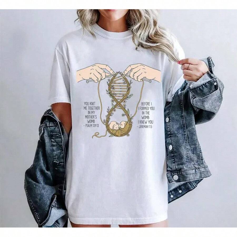 Camiseta de color cómoda con versículo bíblico cristiano anti-aborto: Salmo 139, Jeremías 1:5, Camiseta para mamá, Camiseta de color cómoda con diseño cristiano de Jesús, 100% algodón, diseño de cuello redondo de manga corta de color cómodo, Nueva camiseta de manga corta de corte ajustado con cuello redondo para mujer, Estilo de diseño primavera/verano, Estilo de conjunto para parejas, Perfecta para usar juntos. - Negro - Ver 1