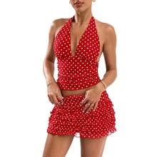 Coquette Vintage Polka Dot Halter Deep V Neck Ruched Top & Layered Ruffle Mini Skirt 2 Piece Set Y2K Going Out Beach Club Outfit - 紅色 - 查看 2