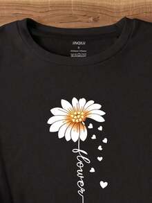 7040 [Nueva Llegada 2023, Camiseta Versión Pequeña con Estampado de Corazón y Margarita] Transpirable y cómoda - Negro - Ver 3