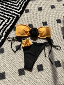 Two-Tone Pink Strapless Bikini With Adjustable Drawstring And Tie Straps Bikini9149 - 檸檬黃 - 查看 12