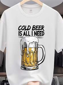 Camiseta de manga corta para hombre, ligera y transpirable, de poliéster - Estampado de vaso de cerveza con el mensaje "Cerveza fría es lo que quiero" - Camiseta de cuello redondo para viajes, playa y uso casual diario - Éxito de  2025, tela duradera, ropa casual de calidad. - Blanco - Ver 1