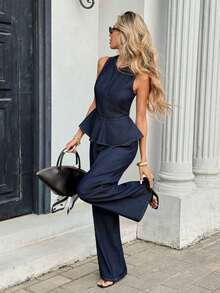 Conjunto de top de mezclilla sin mangas con dobladillo de peplum y jeans para mujer, adecuado para primavera, verano, otoño, elegante para el Día de San Valentín, vacaciones, carnaval, verano, primavera, ir a la universidad, elegante, Y2K, lindo, ropa de fiesta, boda, casual de negocios, vacaciones, resort, chic, conjunto de dos piezas con blusa de dobladillo de peplum y pantalones anchos y fluidos para mujer - Azul - Ver 8