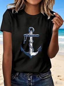Anchor Print T Shirt With Fashion Design Casual Wear Beach Outfit Perfect Gift For Summer Vacation - Negro - Ver 1