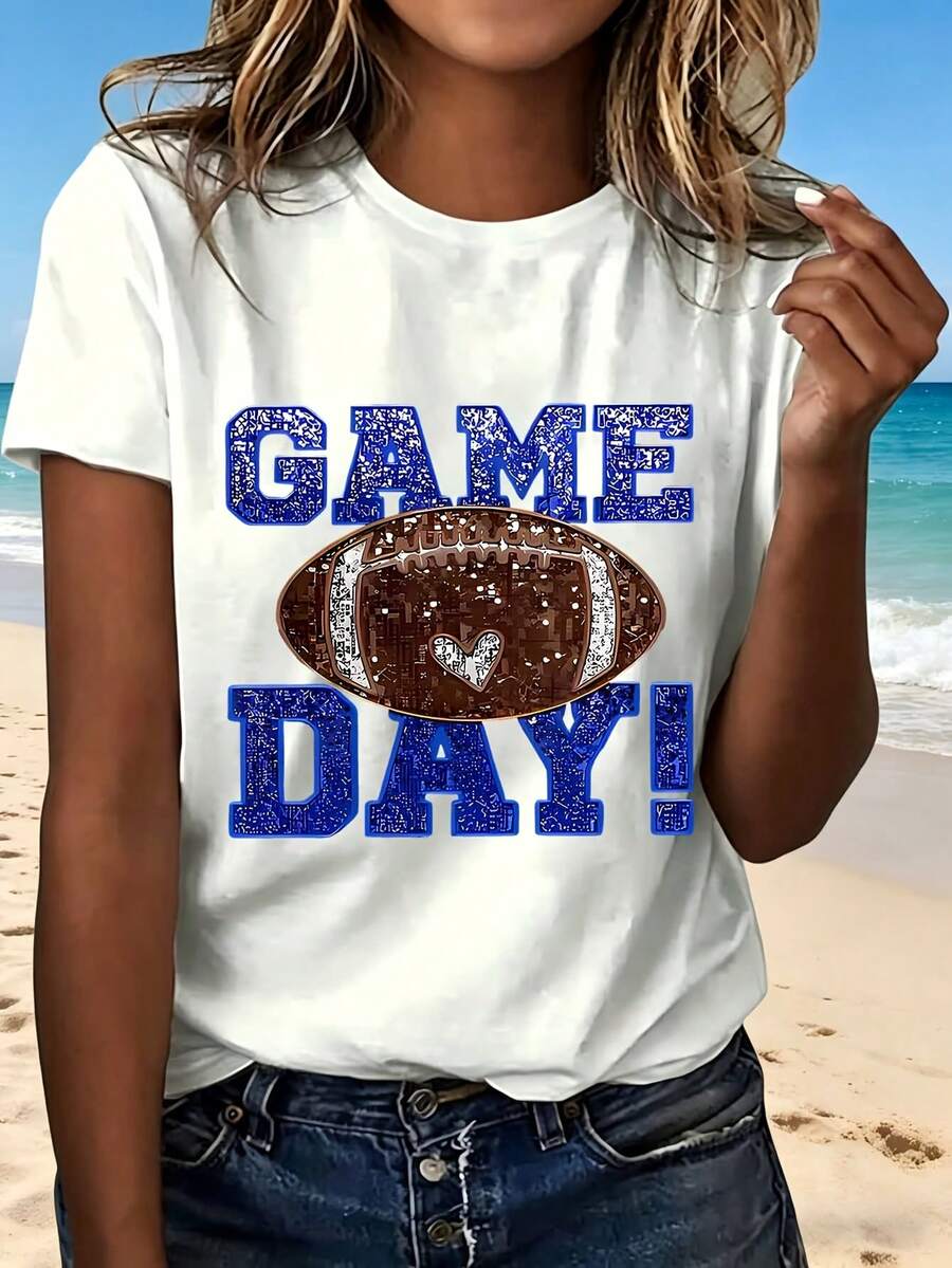 Game Day Football T Shirt With Blue Glitter Text And Brown Football Design Fashionable Casual Wear For Sports Events And Outdoors Perfect Gift For Football Fans - Blanco - Ver 1
