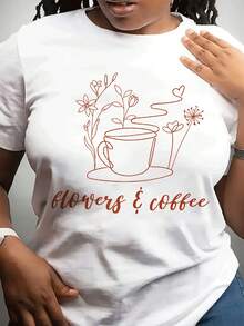 1 camiseta de talla grande para mujer con estampado de café - Holgada, casual, de cuello redondo, manga corta, con el texto en cursiva "Flowers and Coffee" - Elástica, cómoda para todas las estaciones, adecuada para uso diario y vacaciones - Camiseta blanca lavable a máquina, 180g, 100% algodón. - Blanco - Ver 1