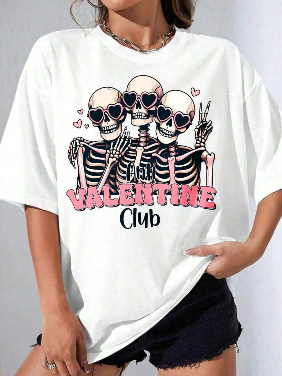 Camiseta Negra y Blanca para Niña, Camiseta Blanca de Talla Grande con Estampado de Esqueletos con Gafas de Sol en Forma de Corazón y Texto de Club de San Valentín para Uso Casual y Conjuntos Festivos, Camiseta Estampada Casual para Fiestas al Aire Libre, 180g - Blanco - Ver 1