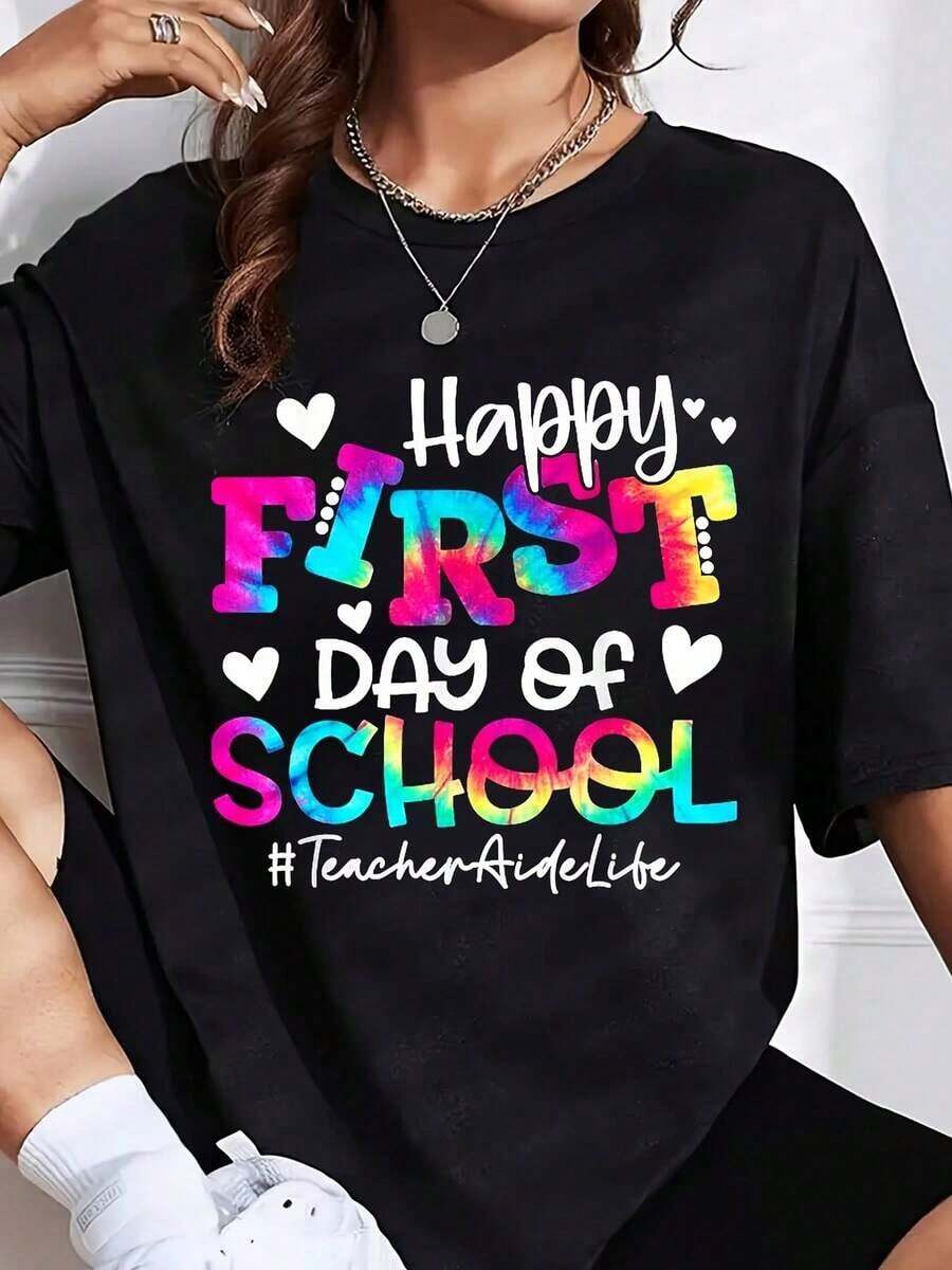 Camiseta "Feliz primer día de clases, ayudante de maestro" - Es una camiseta perfecta para regalar a amigos y familiares en cualquier fiesta u ocasión festiva, 220g - Negro - Ver 1