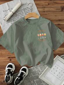 Limited Edition Women's Casual Short Sleeve Crew Neck T-Shirt - SPRITZ SOCIETY Graphic Print On Both Sides With Tail Illustrations, Olive Green, Machine Washable, All Season Comfort, Women's T-Shirts, Summer Top, Fun Design, Non-See-Through Fabric, Lightweight Cotton - 黑色 - 查看 9