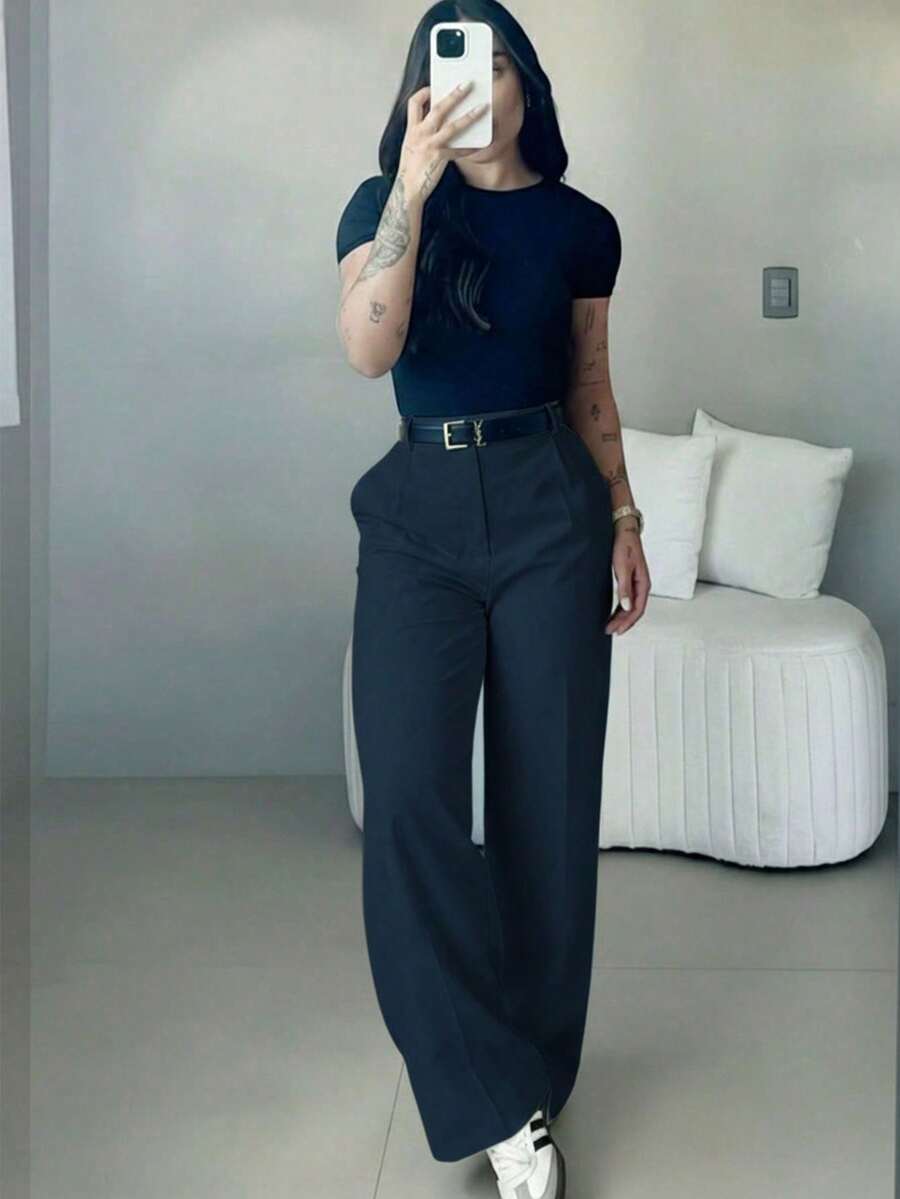 Women's High-Waisted Slim Fit Wide Leg Pants, Bohemian Street Style, Suitable For Spring/Summer Daily Wear, Work Commute, Vacation, Fashion & Elegant (Belt Not Included) - Blue - View 1
