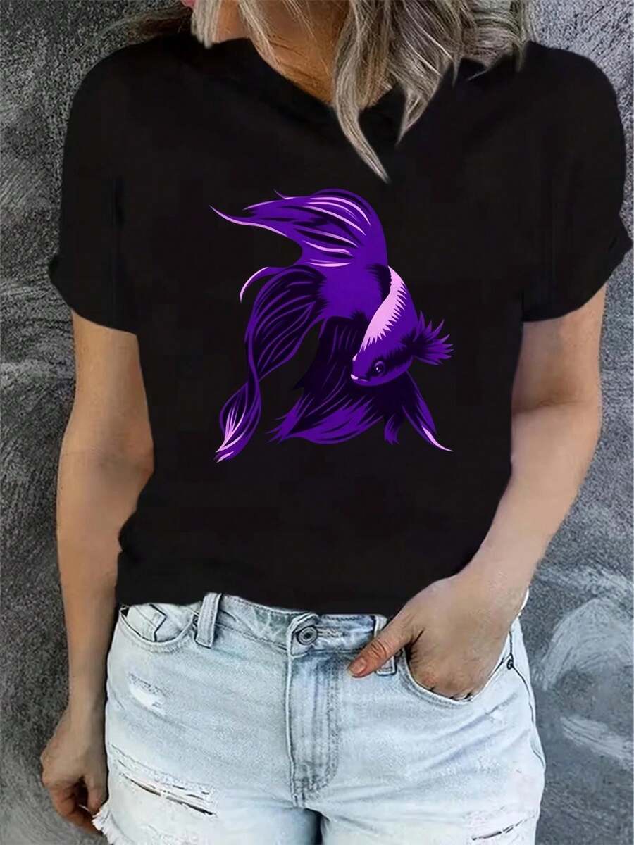 Camiseta de verano para mujer, de manga corta y estampada, moderna y casual, lavable a máquina, ajuste cómodo, estampado plano 2D. - Negro_02 - Ver 1