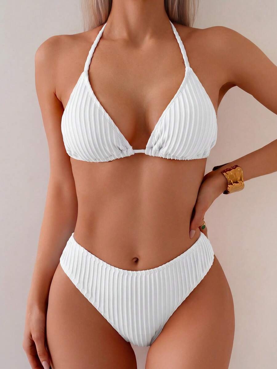 2pcs/Set Summer Vacation Striped Halter Bikini Set White Beach - White - View 1