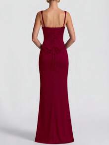 Đầm ôm sát gợi cảm dây mảnh dành cho nữ, đầm dài xếp ly mùa hè, đầm cocktail dự tiệc sinh nhật thanh lịch với dây buộc sau lưng bằng ren. - Màu Đỏ Sâu - Xem 11