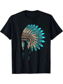 Camiseta Gráfica Nativa para Hombre, Negra, Casual, de Manga Corta, con Pluma Vibrante en Azul y Verde, Lavable a Máquina, Cuello Redondo, Corte Regular, Moda Cultural, Diseño Atrevido, Mismo Estilo para Hombres y Mujeres, de Verano, de Manga Corta - Negro - Ver 1