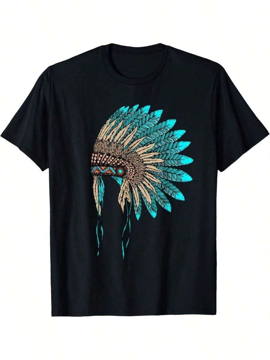 Camiseta Gráfica Nativa para Hombre, Negra, Casual, de Manga Corta, con Pluma Vibrante en Azul y Verde, Lavable a Máquina, Cuello Redondo, Corte Regular, Moda Cultural, Diseño Atrevido, Mismo Estilo para Hombres y Mujeres, de Verano, de Manga Corta - Negro - Ver 1