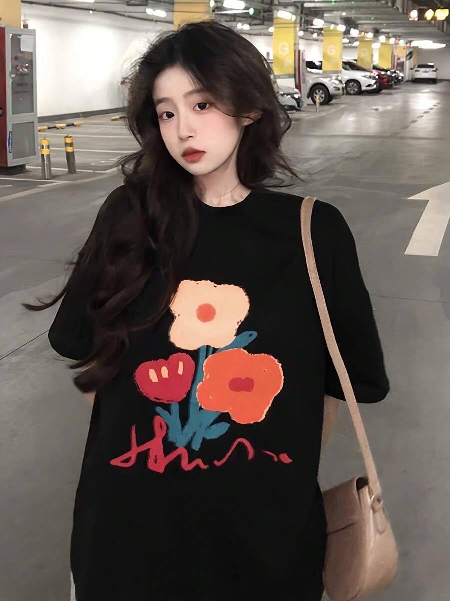 Korean Chic Style Summer Top For Women, Inspired By Harajuku, Youthful, Short Sleeve, Floral Print, Modern, Loose Fit, Versatile And Exclusive Design. - 黑色 - 查看 1
