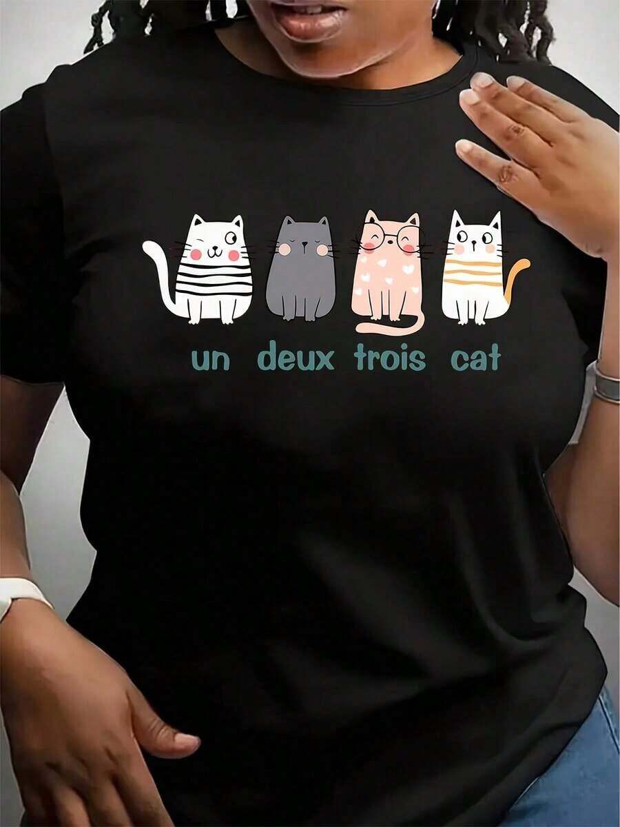 Camiseta de verano para mujer con estampado de gato de dibujos animados y letras, diseño de cuello redondo. - Negro - Ver 1
