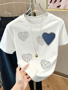 Camiseta de manga corta con estampado de leopardo y decoración de corazón para mujer - Blanco 6 - Ver 5