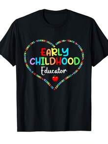 Unisex Adult Summer T-Shirt, Black, 60% Cotton, Short Sleeve - Educational-Themed Graphic Print With Heart And School Text For Early Childhood Educators. Casual T-Shirt With Soft Crew Neck For Teachers And Preschool Workers. Loose, Comfortable Fit. - Back - View 6