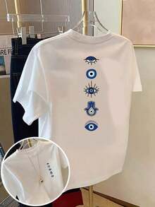 New Women's Casual Round Neck Top Spring/Summer 2026, Evil Eye And Hamsa Hand Pattern, Women's Outerwear, White, Cotton Shirt. - 白色 - 查看 7